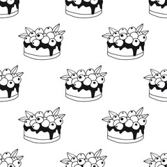 Seamless pattern with outline berry cake. Linear minimalist surface with sweet dessert for kitchen textile, fabric, menu design. Black and white line art food elements. Bakery or pastry shop concept - 711536206