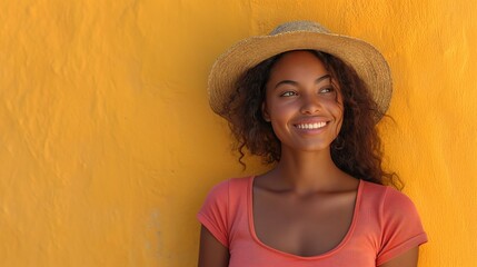 Mujer sonriendo, sombrero de paja, a la sombra, lejos del calor tropical,  amarillo mostaza, camiseta cuello redondo, espacio para copy, fondo muro amarillo con textura, felicidad, naturalidad, foto - obrazy, fototapety, plakaty
