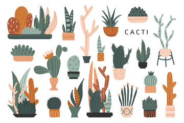 Cactus, aloe and succulents set. Cute colorful hand drawn flat style illustration. Desert plants, tropical home flowers. Botany, floral vector isolated on white. Urban jungle home plants concept