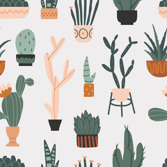 Cactus, aloe and succulents seamless pattern. Cute colorful hand drawn flat style vector. Desert plants, tropical home flowers. Botany, floral texture for textile, fabric. Urban jungle home plants