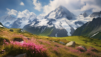  a picturesque mountain landscape adorned with blooming meadows during the spring season. The air is crisp