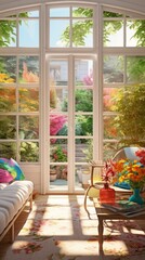 Living room with large French windows overlooking the garden, summer time, cozy living room in pastel colors