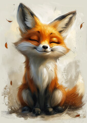 Obraz premium Cute drawing of small happy fox sitting proudly in the forest
