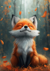 Cute drawing of small happy fox sitting proudly in the forest