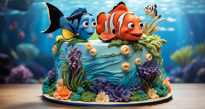 -"Craft visually stunning and ultra-realistic Nemo-themed cake images that bring the underwater world of Finding Nemo to life -AI Generative