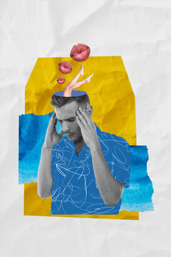 Vertical collage artwork of thoughtful man touching temples thinking about his girlfriend isolated on painted background