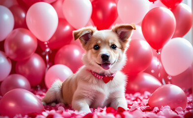 Fototapeta na wymiar Puppy sitting amidst a sea of pink and red heart-shaped balloons, rose petals scattered around, romantic atmosphere, detailed texture of the cat's fur. Generative AI