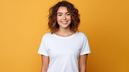 Fototapeta premium A wide shot of woman, age 22, wearing white shirt and blue pants, with lively smiling facial expression, at yellow background, design tshirt template, print presentation mock - up