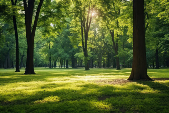 Immerse yourself in the calming vibes of a sun-dappled park where green trees and a serene atmosphere create a tranquil escape. AI generative.