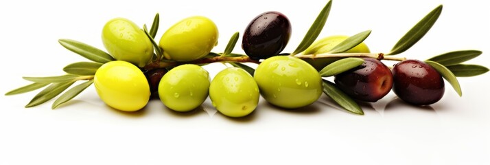 Fresh olives with leaves close-up on white background, banner