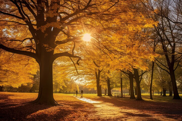 Capture the vibrant beauty of autumn in this scenic park setting featuring a bright yellow leafy carpet sunlit trees and the joyful mood of the fall season. AI generative.