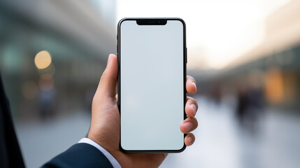 a real-life glimpse into a businessman's hand holding a smartphone with a blank white screen, set against a blurred background