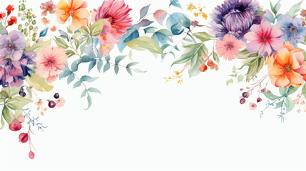 springs flowers and foliage border in watercolor style