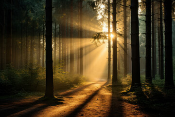 Fototapeta premium Experience the tranquility of nature with this scene featuring green trees in a park bathed in gentle sunbeams creating a serene and calming atmosphere. AI generative.