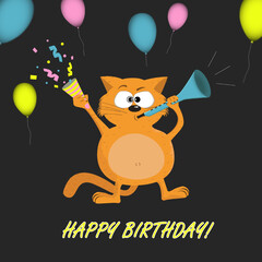 Orange cartoon cat with cracker, baloons, trumpet. Birthday card