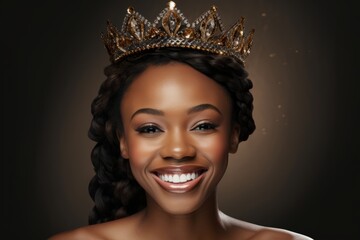 African-American girl is a beauty queen, beautiful girl in crown close up - obrazy, fototapety, plakaty