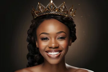 Fotobehang African-American girl is a beauty queen, beautiful girl in crown close up © pundapanda