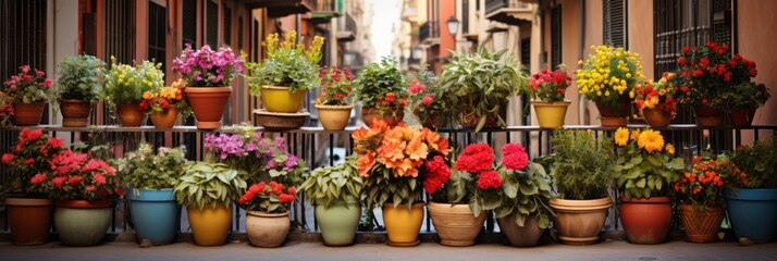 Fototapeta na wymiar Colorful different flowers in pots on balcony or terrace, bright balcony with flowers, banner
