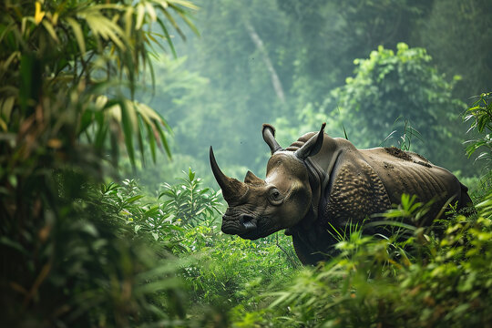 A Javan rhino stands tall amidst a lush forest.