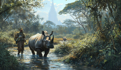 Conservationists track or protect rhinos. - obrazy, fototapety, plakaty