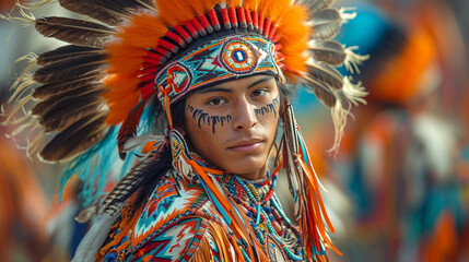 A powerful image of a Native American dancer adorned in intricate regalia, mid-performance during a traditional powwow, the vibrant colors and dynamic movement capturing the spirit - obrazy, fototapety, plakaty