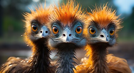 A flock of vibrant birds with fiery orange feathers and sharp beaks gather together, unable to fly but still embodying the wild spirit of the outdoors