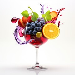 3d wine glass with various fruits on white background, realistic style