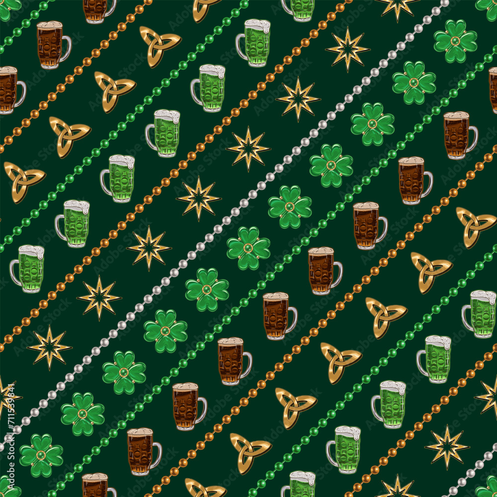 Aufkleber st patricks day seamless pattern with holiday objects and symbols, bead strings. geometric pattern w