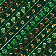 St Patricks Day seamless pattern with holiday objects and symbols, bead strings. Geometric pattern with diagonal stripes on dark background. Vintage illustration for prints, wrapping paper