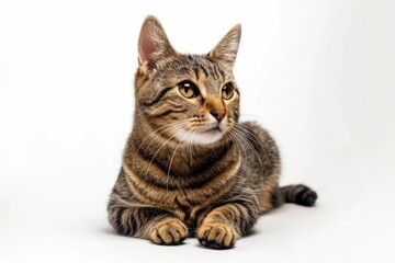 Fototapeta premium Studio portrait of a sitting tabby cat looking forward against a white backdground
