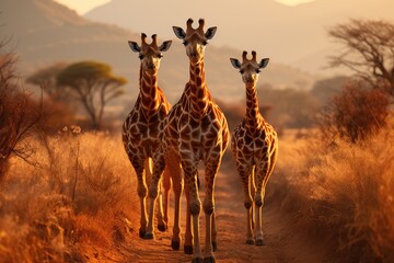A majestic herd of giraffes gracefully roam the savanna, their towering frames silhouetted against...