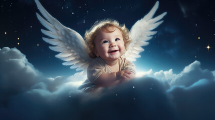 Baby cute Little angel with wings fly on sky at night 