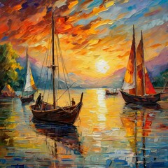 boat in the sea at sunset.an original oil masterpiece on canvas that captures the serene beauty of boats silhouetted against a vibrant sunset. Use rich, warm tones to depict the fading light, reflecti