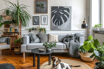 Stylish and scandinavian living room interior of modern apartment with gray sofa, design wooden commode, black table, lamp, abstrac paintings on the wall. Beautiful dog lying on the couch. Home decor - Powered by Adobe