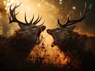 Two majestic deer, their antlers locked in a fierce dispute, stand against the backdrop of a vast outdoor landscape, embodying the primal nature of animal conflict - obrazy, fototapety, plakaty