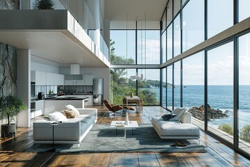 Sea view living room interior in modern beach house - 3D rendering