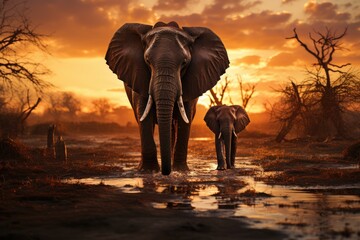 A majestic elephant leads her playful calf through the shimmering water, as the sky glows with the warmth of a golden sunrise, surrounded by towering trees and the wild beauty of the savannah