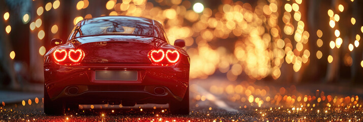A red car. Headlights in the shape of hearts.