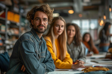 Obraz premium Portrait of a handsome young man in glasses standing in a creative office with his colleagues in the background
