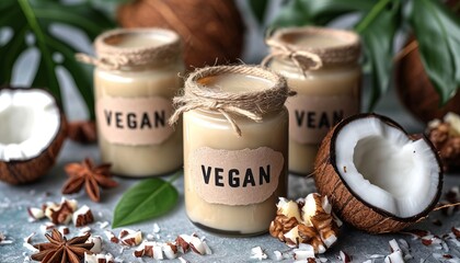 Fototapeta na wymiar Natural vegan coconut cream in a glass jar with the inscription 