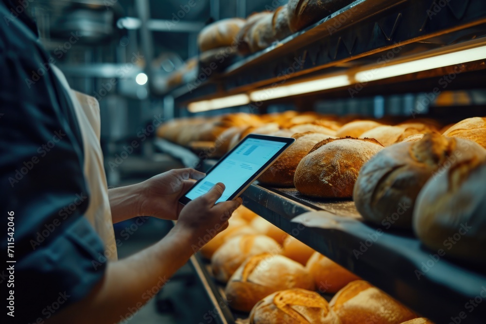 Poster A person holding a tablet in front of a shelf filled with various types of bread. This image can be used to illustrate technology in a bakery or for online grocery shopping