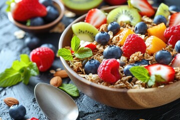 A delicious bowl of granola topped with fresh fruit and crunchy nuts. Perfect for a healthy breakfast or snack