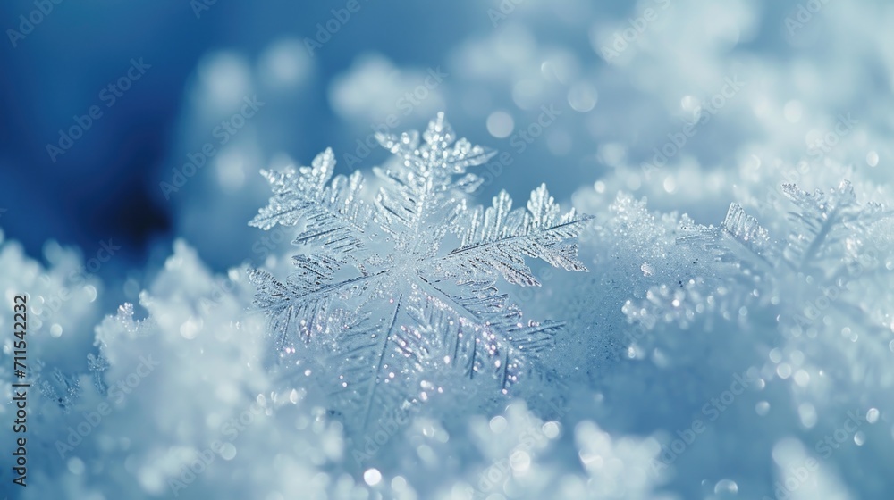 Poster A close-up view of a snowflake resting on the snow-covered ground. This image can be used to depict the beauty of winter, the uniqueness of snowflakes, or the tranquility of a snowy landscape
