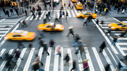 Obraz premium People cross the street in a blur of traffic.