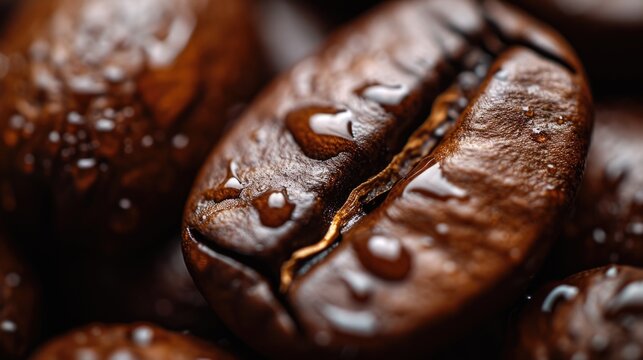 A close up view of coffee beans with water droplets. This image can be used to depict freshness and the brewing process