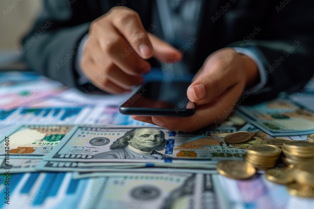 Wall mural a person holding a cell phone over a pile of money. perfect for illustrating financial transactions 