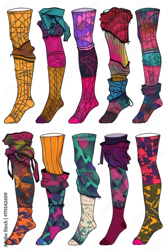 Aufkleber Socks with various designs showcasing different patterns and colors. Perfect for adding a touch of style and personality to your outfit.