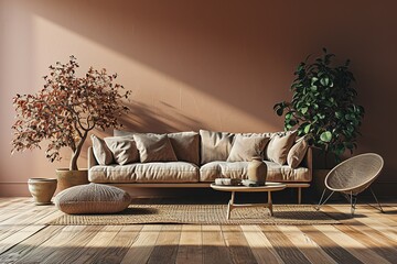 Scandinavian style interior with sofa and coffe table. Empty wall mock up in minimalist interior...