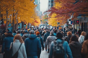 Obraz premium A crowd of people walking down a street. Suitable for urban scenes and city life concepts