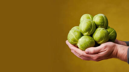 Hand holding brussel sprout vegetable isolated on pastel background